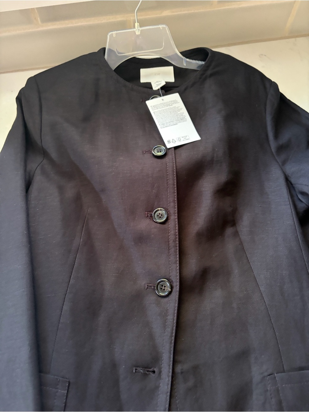 H & M Women's Black Collarless Button-Front linen blend blazer nwt